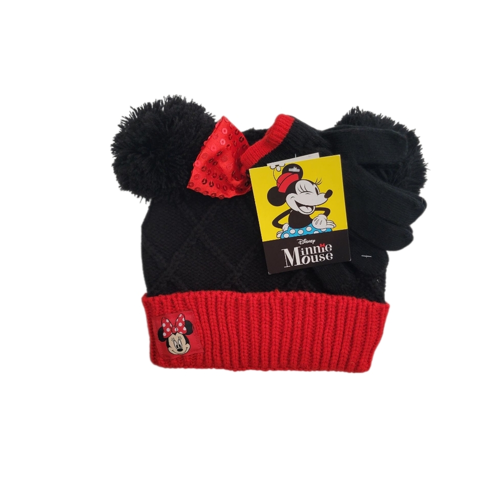 NEW! Disney Minnie Mouse Kids Hat and Gloves Set - Black and Red Girls-small